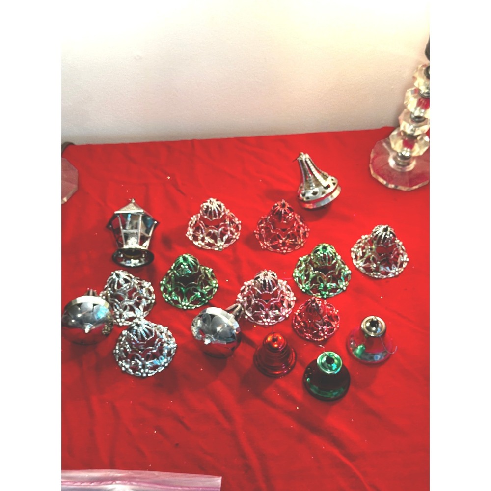 Vintage Bradford Christmas Ornaments Lot Filigree Bells Lantern Silver Red Green